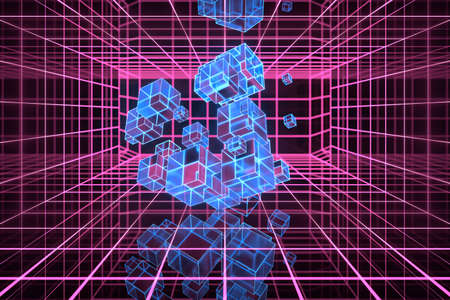 Cyberspace tunnel with geometry cube, 3d rendering. Computer digital drawing.