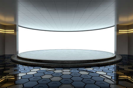 Empty room with round stage in the center, 3d rendering. Computer digital drawing.
