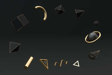 Golden and black abstract objects, 3d rendering. Computer digital drawing.