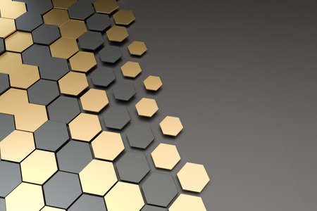 Dark and golden hexagon pattern background, 3d rendering. Computer digital drawing.