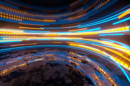 Glowing round illuminated lines in the dark round room, 3d rendering. Computer digital drawing.