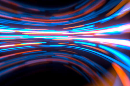 Glowing round illuminated lines in the dark round room, 3d rendering. Computer digital drawing.