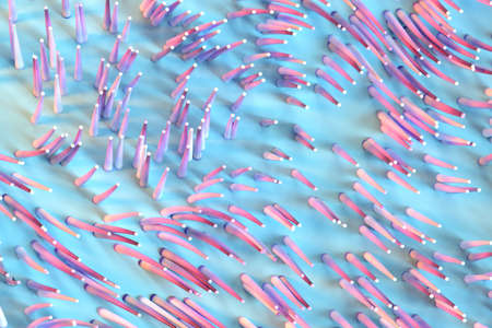 Growing wavy particles, abstract color background, 3d rendering. Computer digital drawing.