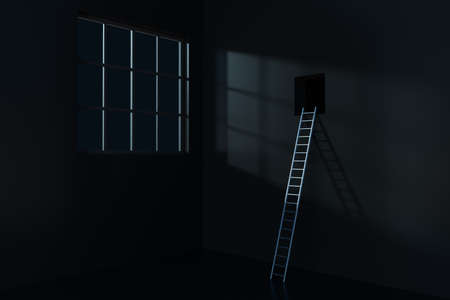 Conceptual room with a ladder lead to outside, 3d rendering. Computer digital drawing.の写真素材
