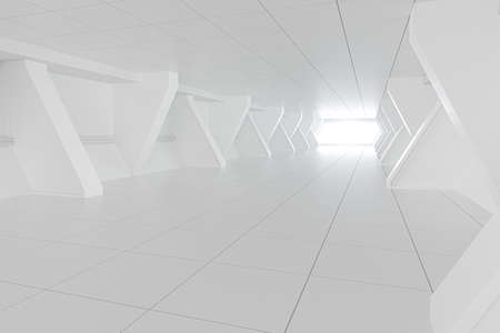 White tunnel with light in the end, 3d rendering. Computer digital drawing.