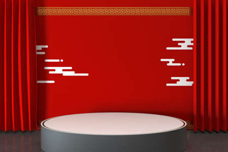 Empty platform with Chinese style background, 3d rendering. Computer digital drawing.