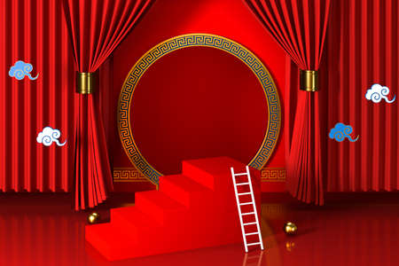 Red Chinese style background, empty step showcase, 3d rendering. Computer digital drawing.の写真素材