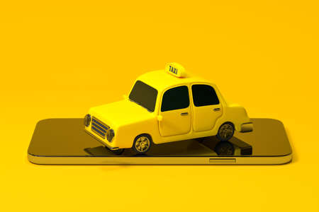 Mini 3D taxi, mini car with a mobile phone, 3d rendering. Computer digital drawing.の写真素材
