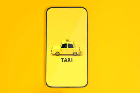 Mini 3D taxi, mini car with a mobile phone, 3d rendering. Computer digital drawing.の写真素材