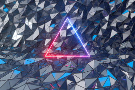 Neon line frame with triangle metal background, 3d rendering. Computer digital drawing.の写真素材