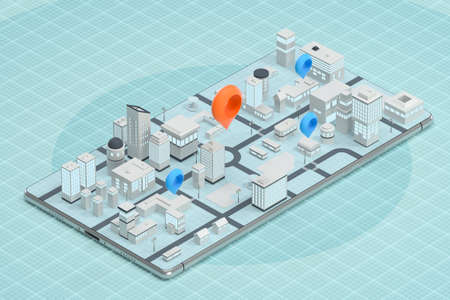 3d city on the mobile phone with location pins, 3d rendering. Computer digital drawing.