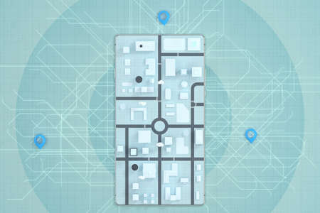 3d city on the mobile phone with location pins, 3d rendering. Computer digital drawing.