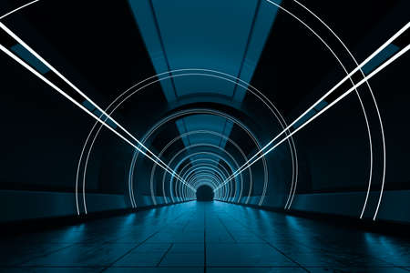 Dark round tunnel with glowing neon lights, 3d rendering. Computer digital drawing.の写真素材