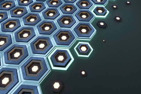 Metal hexagon background, sci-fi pattern, 3d rendering. Computer digital drawing.の写真素材
