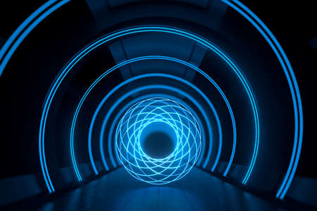 Dark round tunnel with glowing neon lights, 3d rendering. Computer digital drawing.の写真素材
