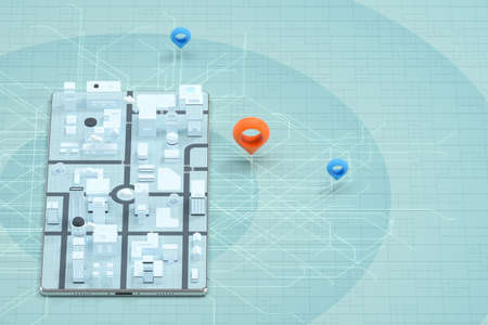 3d city on the mobile phone with location pins, 3d rendering. Computer digital drawing.