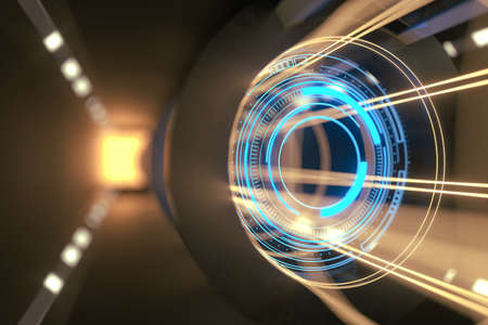 Dark tunnel with glowing HUD elements, 3d rendering. Computer digital drawing.