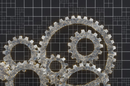 Mechanical gears and blueprint lines, 3d rendering. Computer digital drawing.の写真素材