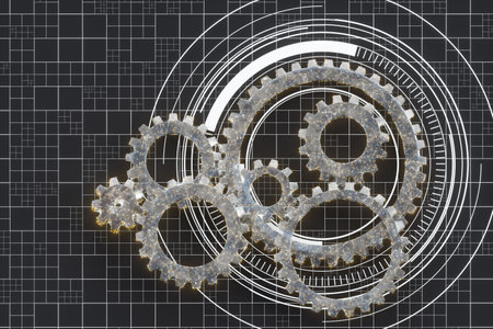 Mechanical gears and blueprint lines, 3d rendering. Computer digital drawing.