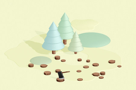 Cartoon trees, cut down forest, 3d cartoon rendering. Computer digital drawing.の写真素材