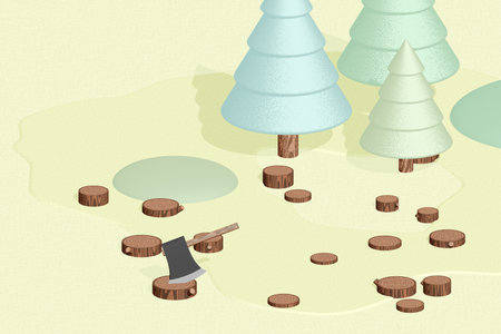 Cartoon trees, cut down forest, 3d cartoon rendering. Computer digital drawing.の写真素材