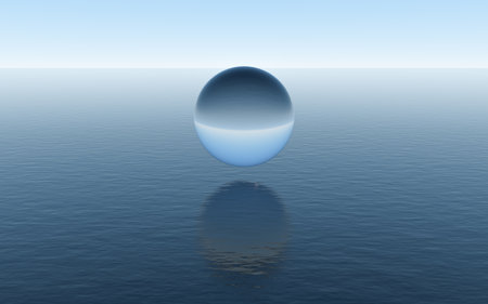 Water sphere over the calm ocean, fantastic scene, 3d rendering. Computer digital drawing.の写真素材