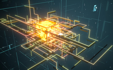 Glowing electronics lines with circuit structure, 3d rendering. Computer digital drawing.の写真素材