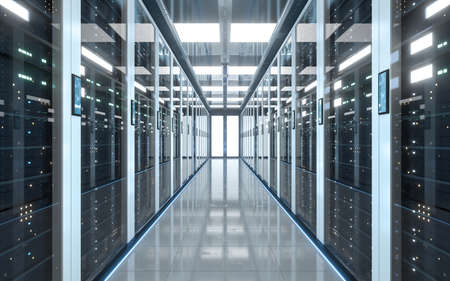 Server racks in computer network security server room data center, 3d rendering. Computer digital...