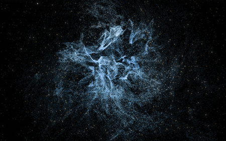 Glowing particles with wavy pattern, magical galaxy, 3d rendering. Computer digital drawing.