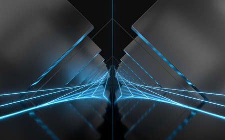 Triangle tunnel with cubes on sides, 3d rendering. Computer digital drawing.