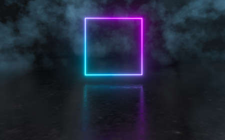 Glowing neon lines in the dark basement, 3d rendering. Computer digital drawing.