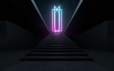 Large steps with glowing neon lines, 3d rendering. Computer digital drawing.