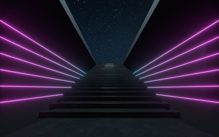 Large steps with glowing neon lines, 3d rendering. Computer digital drawing.の写真素材