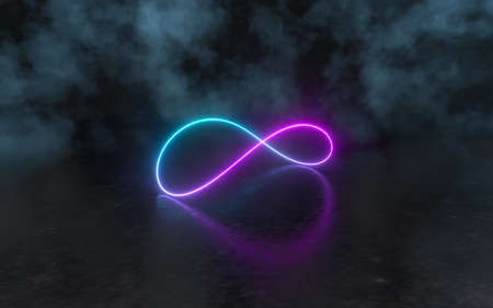 Glowing neon lines in the dark basement, 3d rendering. Computer digital drawing.の写真素材