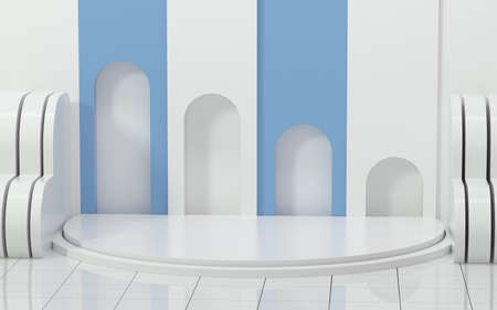 Empty stage in the minimalistic room, 3d rendering. Computer digital drawing.