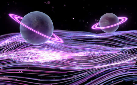 Planets with purple curve vortex lines, 3d rendering. Computer digital drawing.の写真素材