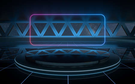 Dark outer space room with empty stage, 3d rendering. Computer digital drawing.の写真素材