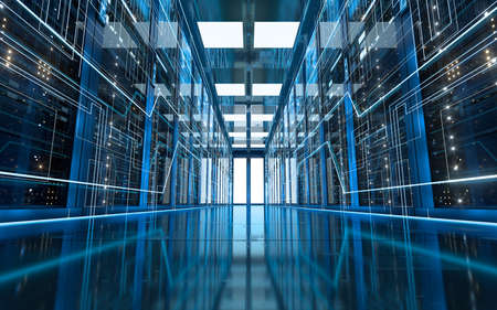 Server racks in computer network security server room data center, 3d rendering. Computer digital drawing.の写真素材