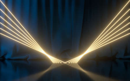 Empty stage with glowing neon lines, 3d rendering. Computer digital drawing.