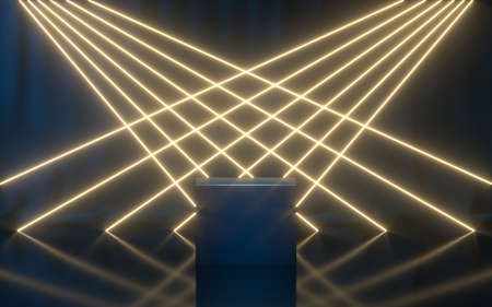 Empty stage with glowing neon lines, 3d rendering. Computer digital drawing.