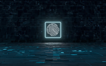 Fingerprint lock with black background,3d rendering. Computer digital drawing.の写真素材
