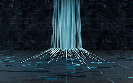 Glowing lines and cubes with black background, 3d rendering. Computer digital drawing.の写真素材