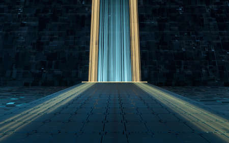 Glowing lines and cubes with black background, 3d rendering. Computer digital drawing.