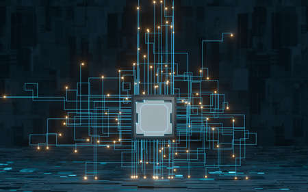 Circuit lines and chip with black background, 3d rendering. Computer digital drawing.