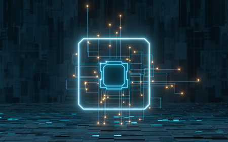 Circuit lines and chip with black background, 3d rendering. Computer digital drawing.