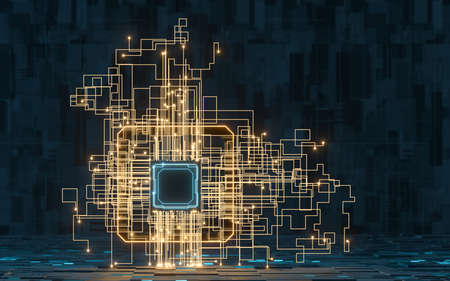 Circuit lines and chip with black background, 3d rendering. Computer digital drawing.