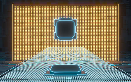 Glowing stage and chip with black background, 3d rendering. Computer digital drawing.
