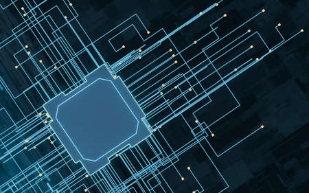 Circuit lines and chip with black background, 3d rendering. Computer digital drawing.