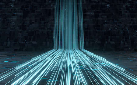 Glowing lines and cubes with black background, 3d rendering. Computer digital drawing.