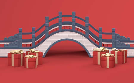 Chinese style bridge with red background, 3d rendering, Computer digital drawing,の写真素材